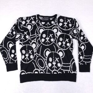 Reason Mens XL Teddy Bear Graphic Crewneck Sweater Black White Streetwear Knit